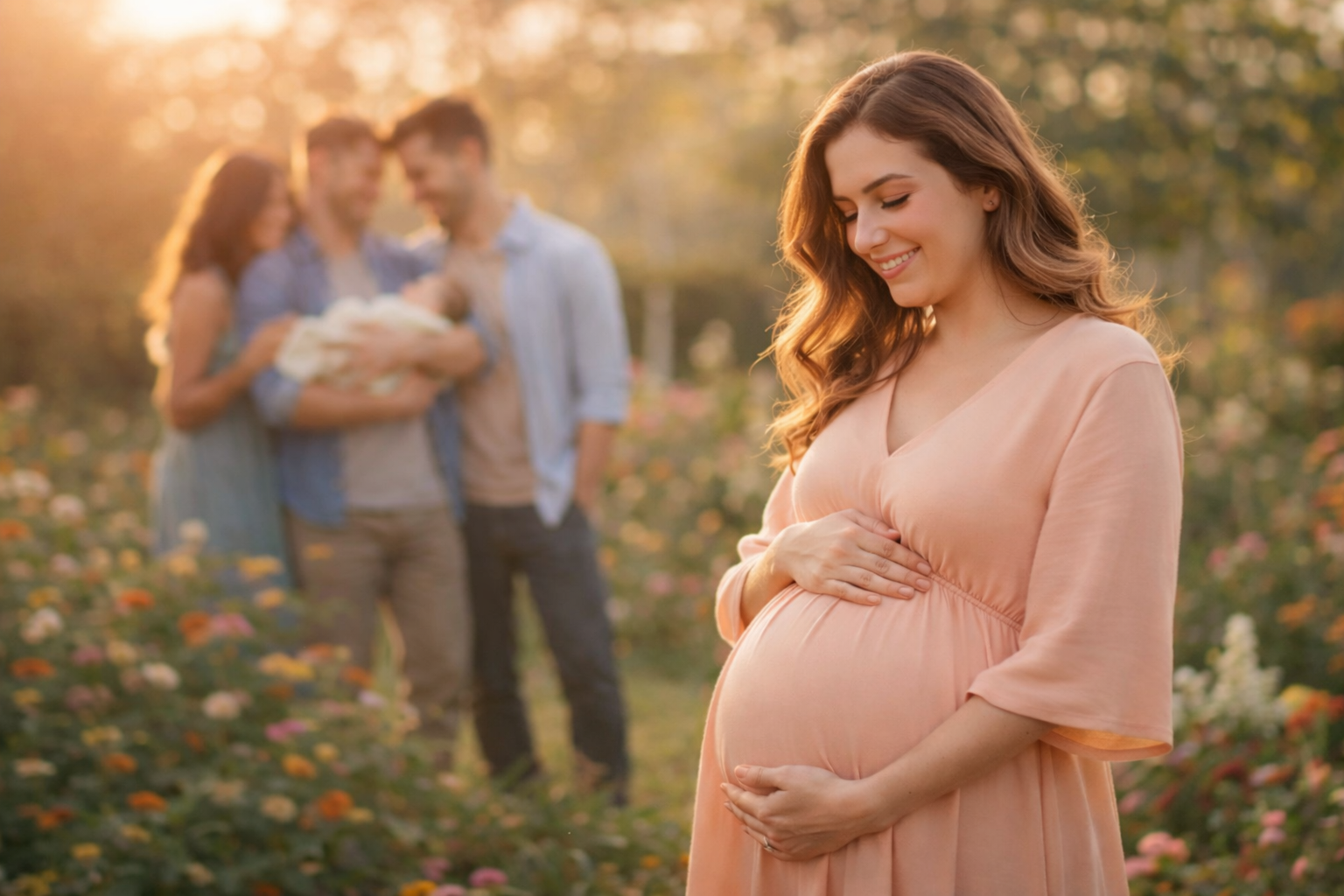 Pregnant woman in a garden with intended parents in the background